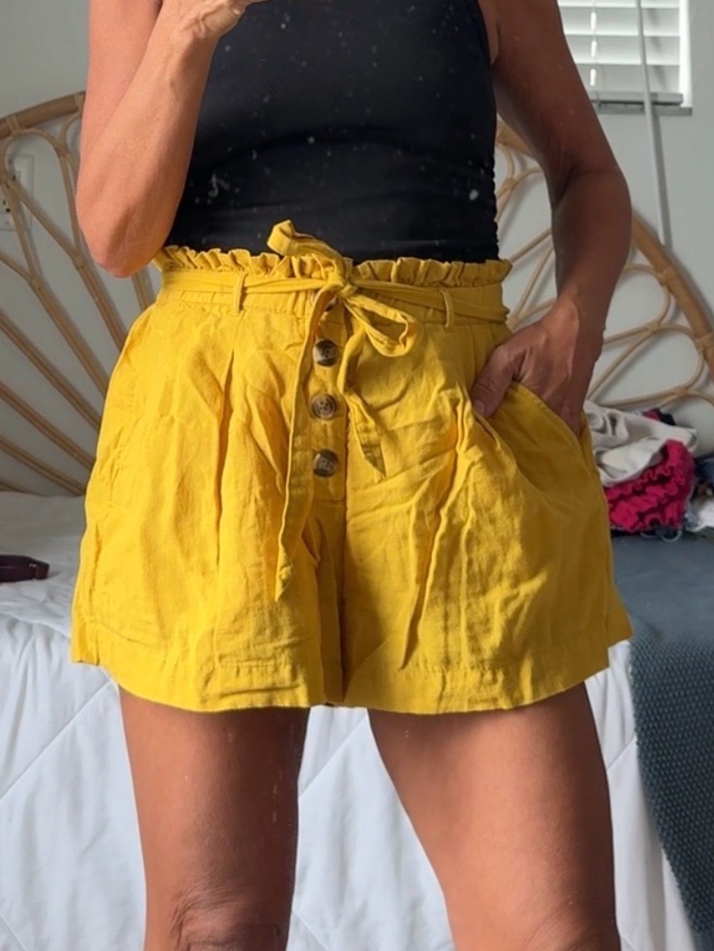 American Eagle Outfitters Mustard Yellow High-Waist Paperbag Shorts with Tie